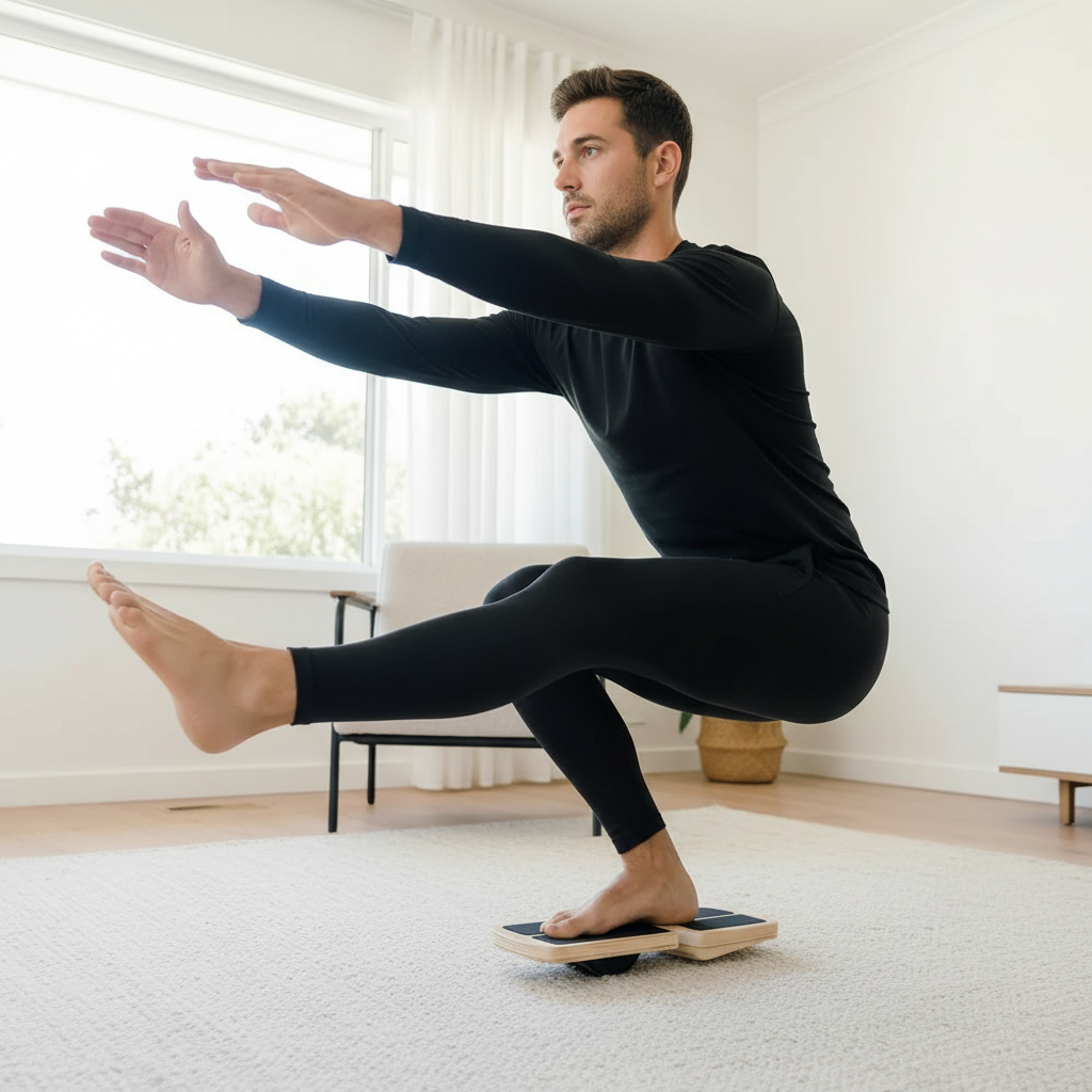 Kille i svarta kläder på Vyora Balance Board