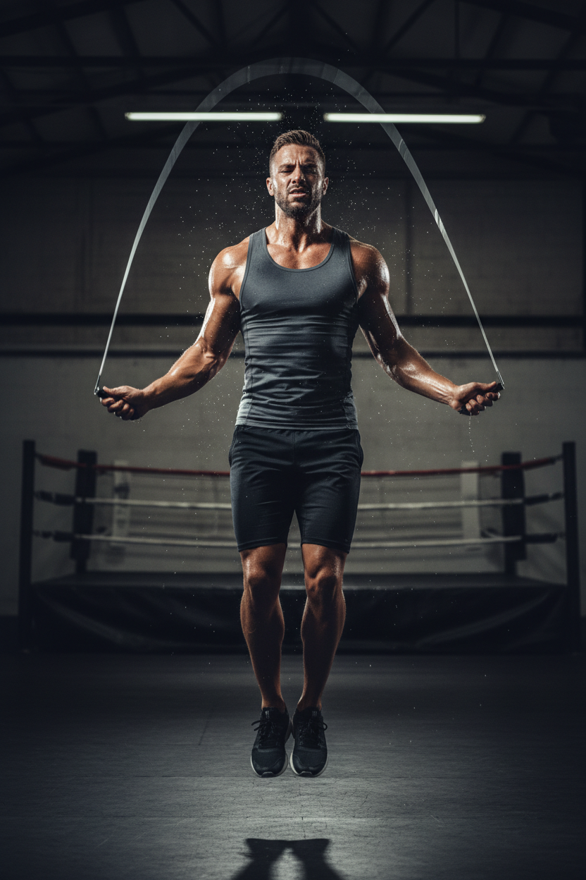 Sweaty man jumping rope