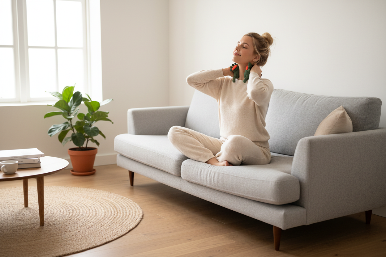 Tjej håller nackmassör mot nacken